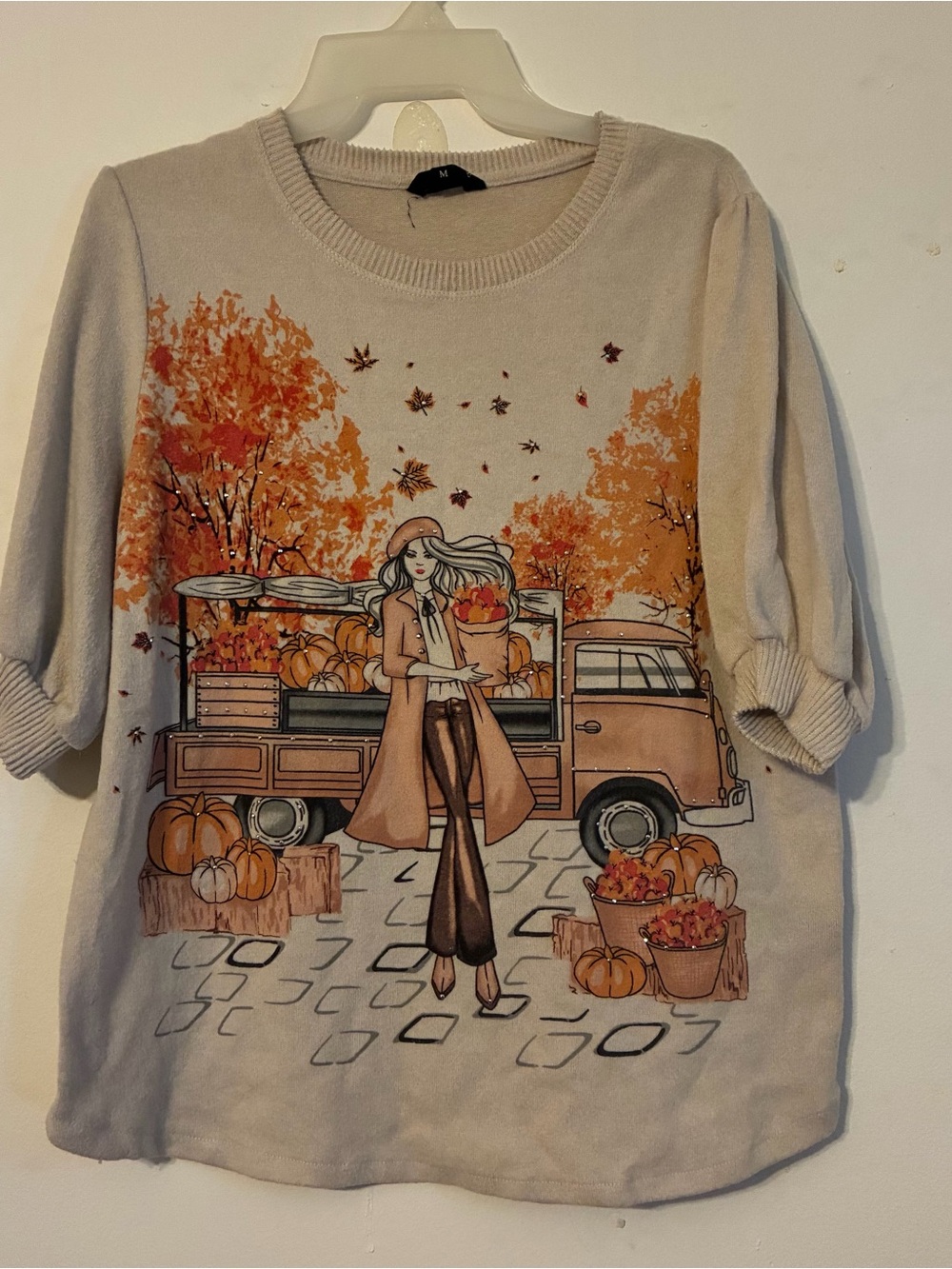 Love and Lace M Autumn Market Graphic Women’s Sweater w/bling accents -Beige